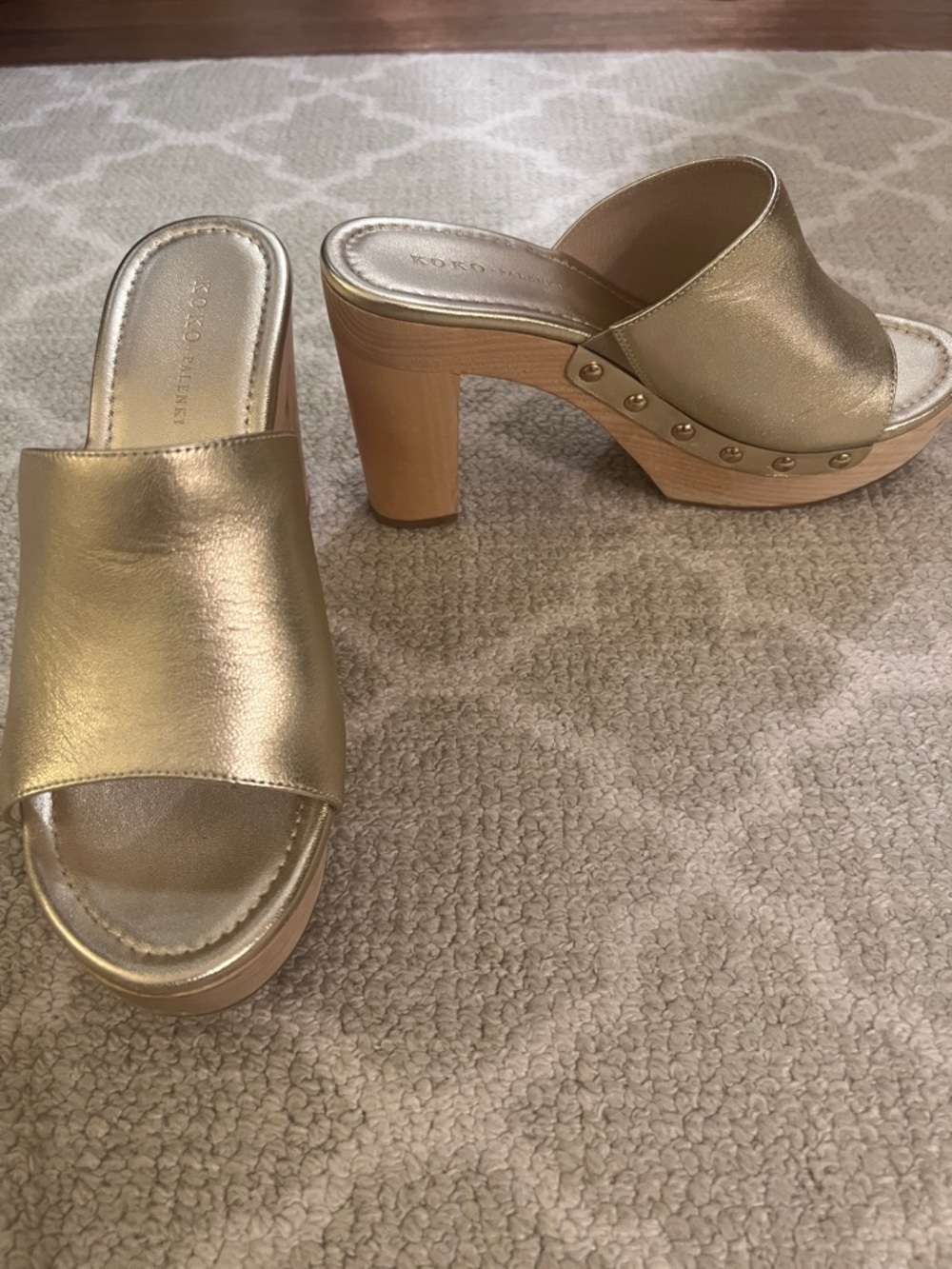 Gold Platform Slide Mules with Wood-Effect Heel